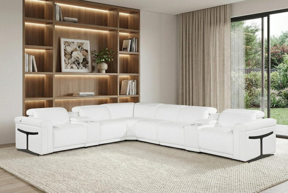 White Italian leather 3 power reclining seats L shaped Seven Piece Corner Sectional With Console
