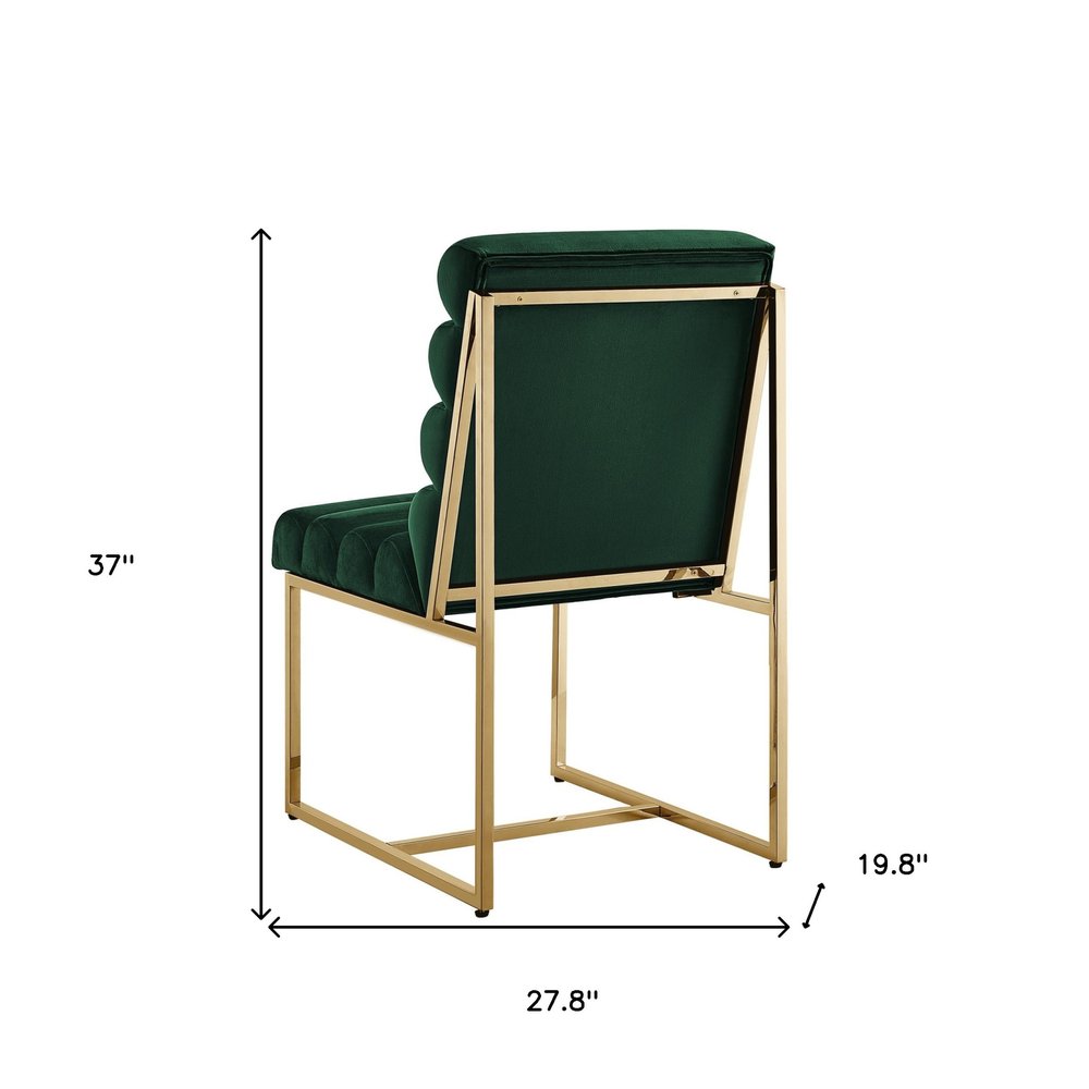 Set of Two Tufted Hunter Green And Gold Upholstered Velvet Dining Side Chairs