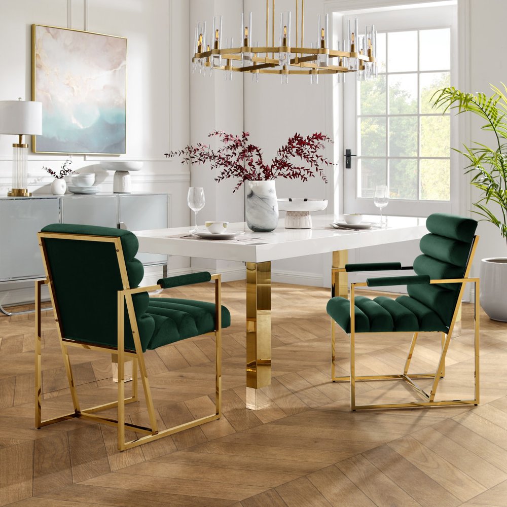 Set of Two Tufted Gray And Gold Upholstered Velvet Dining Arm Chairs