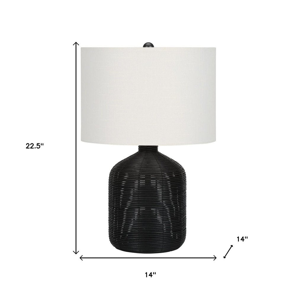 23" Black Rattan Round Table Lamp With Ivory Drum Shade