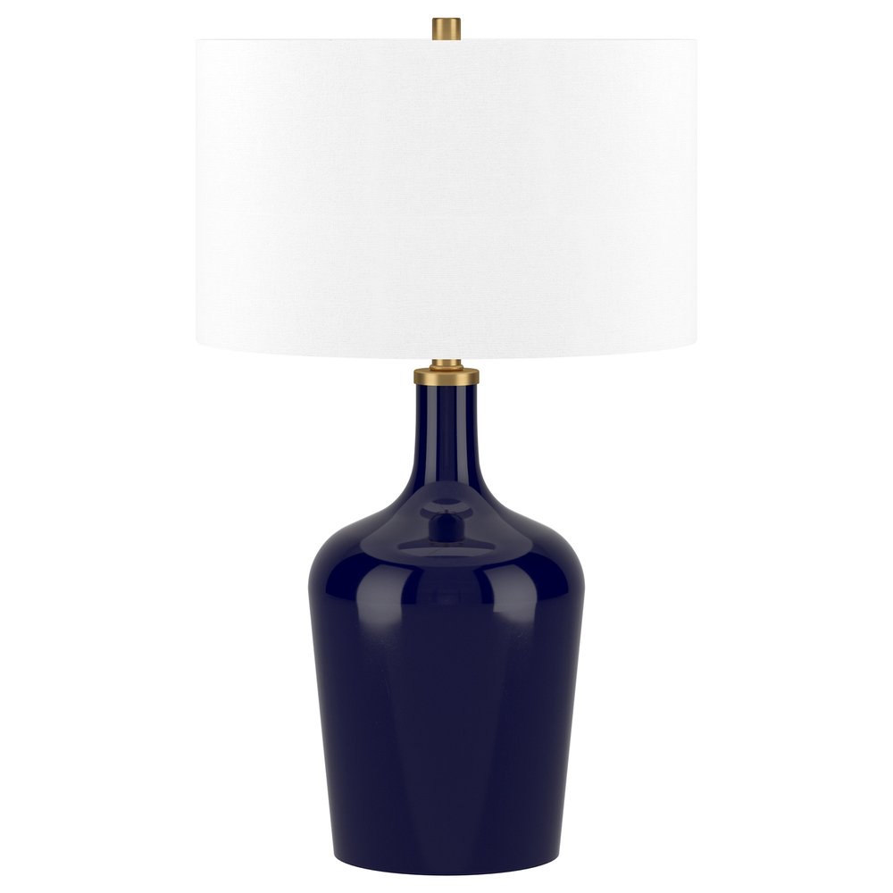 25" Blue Glass Urn Table Lamp With White Drum Shade