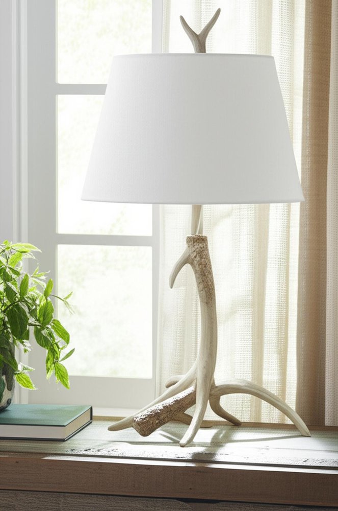 27" Brown Antlers Table Lamp With White Drum Shade