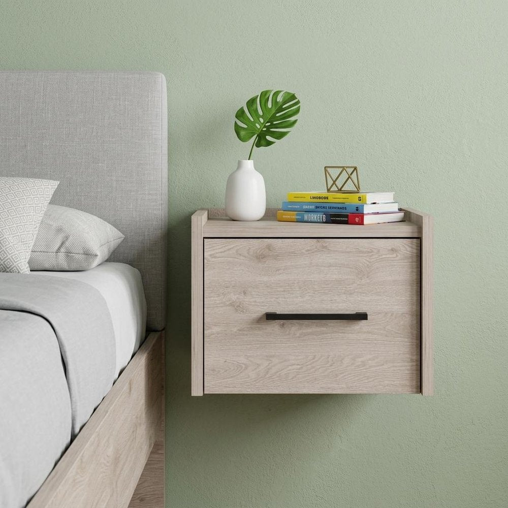 10" Gray Wood One Drawer Floating Nightstand