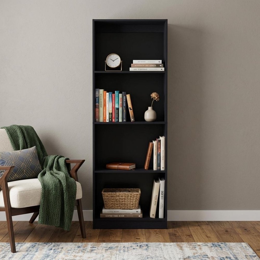 71" Black Wood Four Tier Bookcase