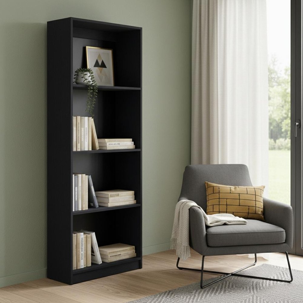 71" Black Wood Four Tier Bookcase