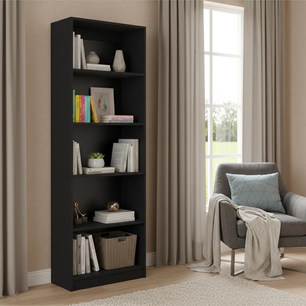 71" Black Wood Five Tier Bookcase