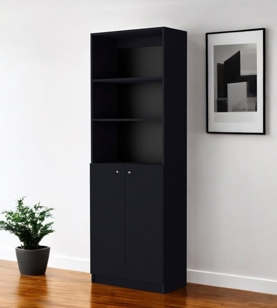 71" Black Five Tier Bookcase with Two doors