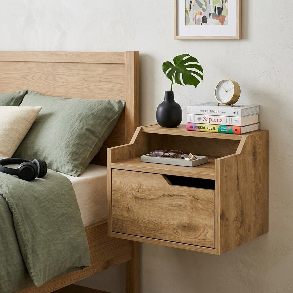 13" Beige Wood One Drawer Floating Nightstand