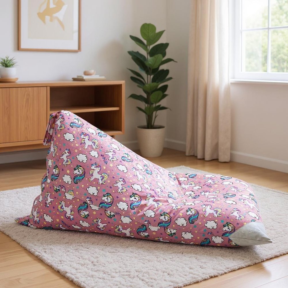 35" Blue and White Microfiber Sports Pouf Cover