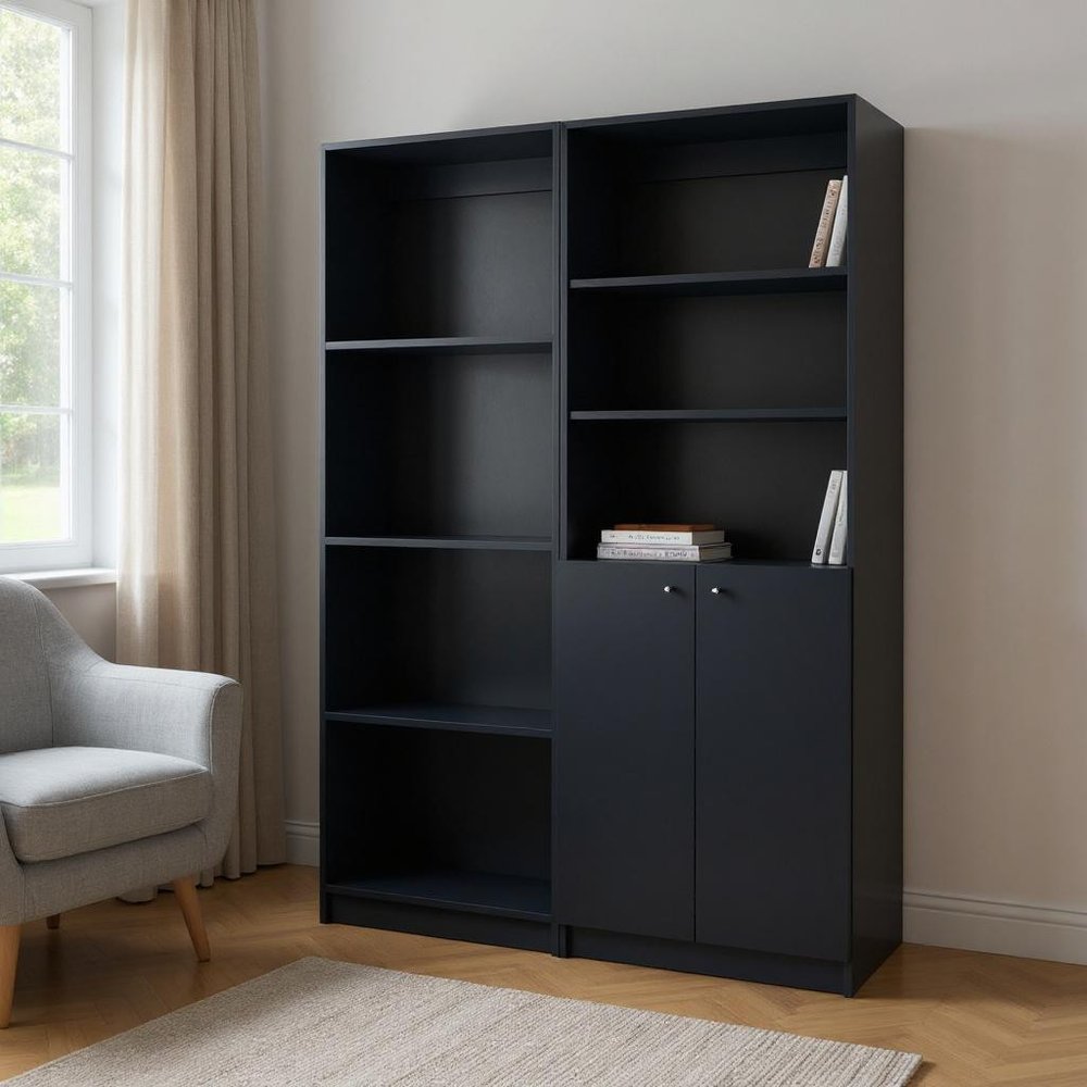 Set of Two 71" Black Bookcase With Two Doors