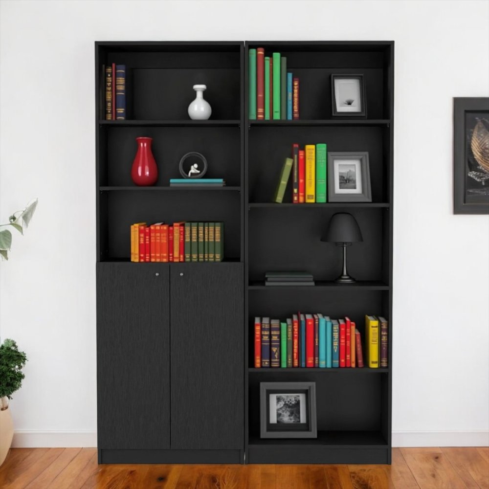 Set of Two 71" Black Five Tier Bookcase With Two Doors