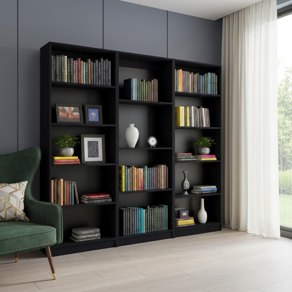 Set of Three Black Wood Four Tier Bookcases