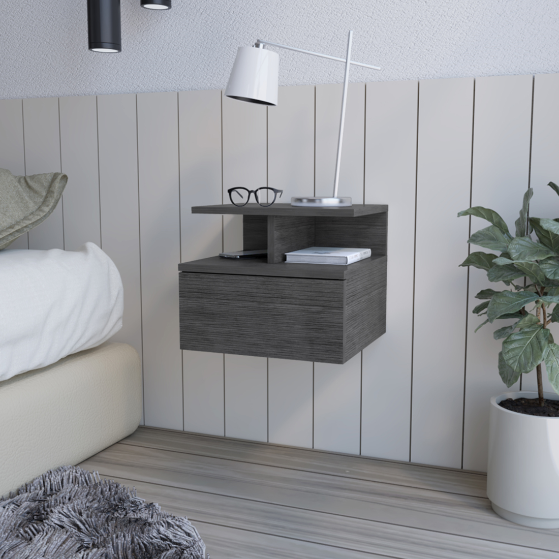 13" Dark Gray Wood One Drawer Floating Nightstand
