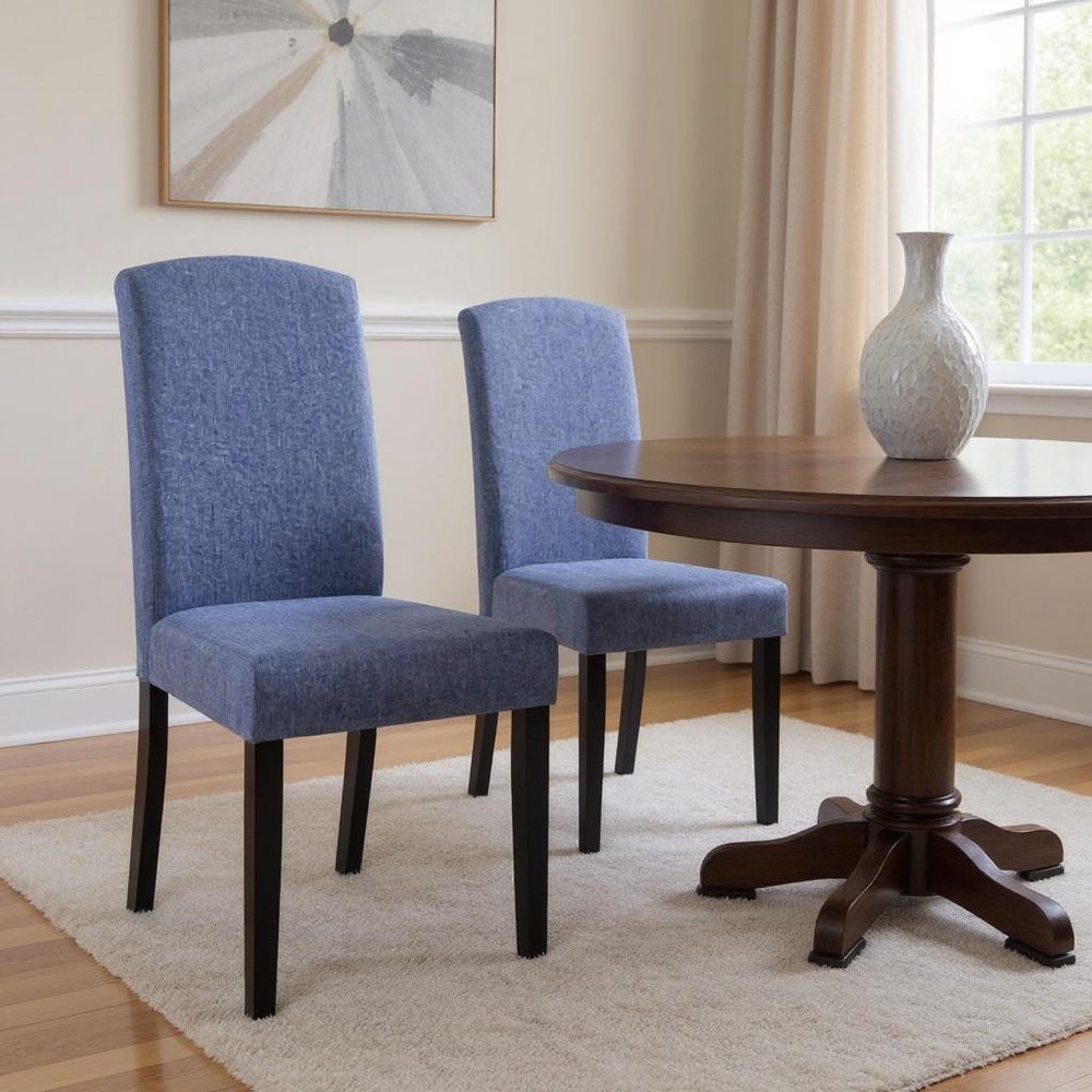 Set of Two Navy Blue And Black Upholstered Polyester Dining Parsons Chairs