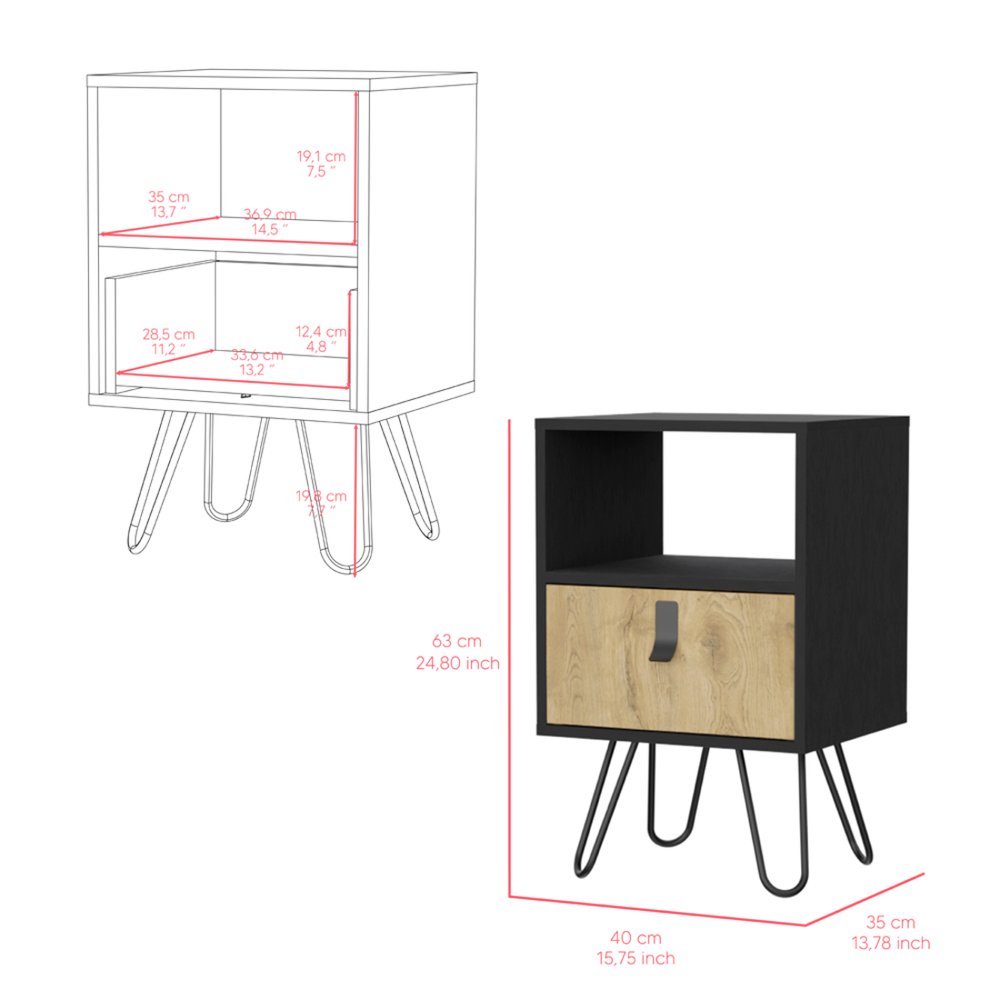23" Black Wood One Drawer Nightstand