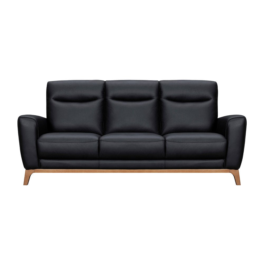 83" Black Leather Sofa With Brown Legs