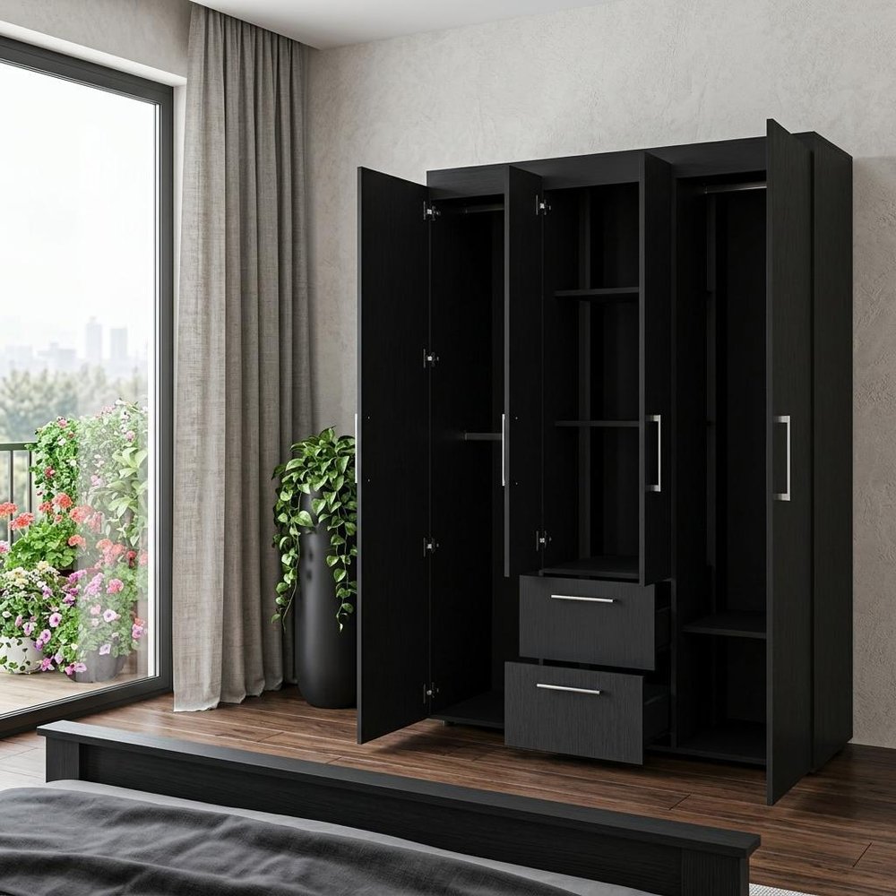 70" Black Wood Two Drawer Combo Dresser
