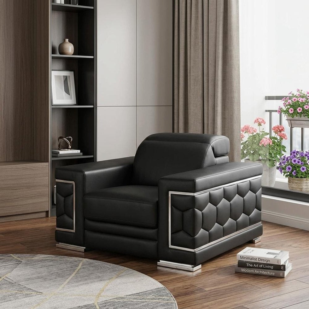 47" Black And Silver Genuine Leather Club Chair