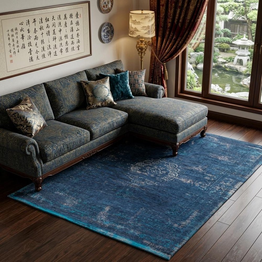 8' X 11' Blue and Gray Medallion Non Skid Area Rug