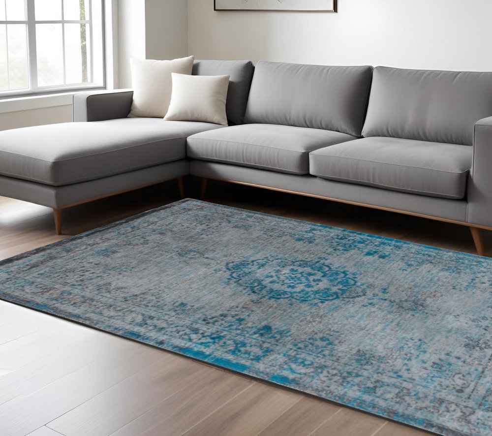 8' X 11' Gray and Green Medallion Non Skid Area Rug