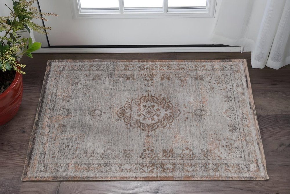 3' X 5' Gray and Beige Medallion Non Skid Area Rug