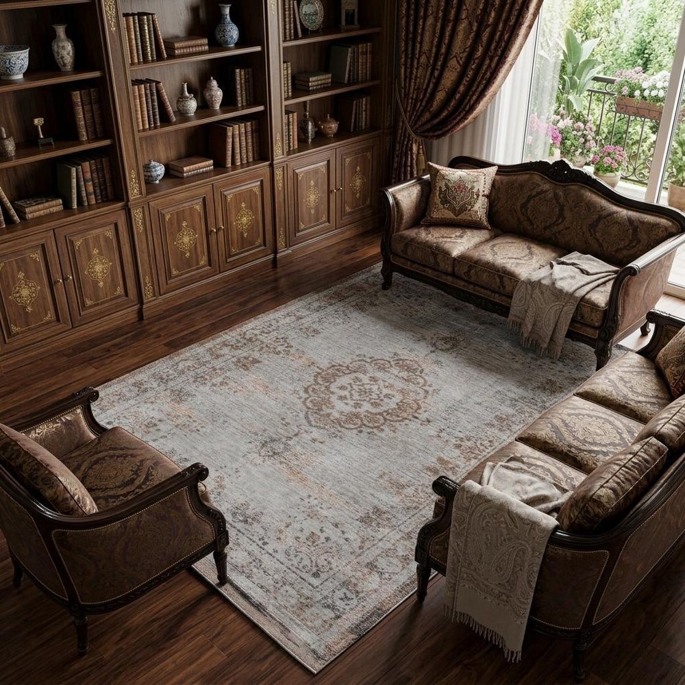 9' X 13' Gray and Beige Medallion Non Skid Area Rug