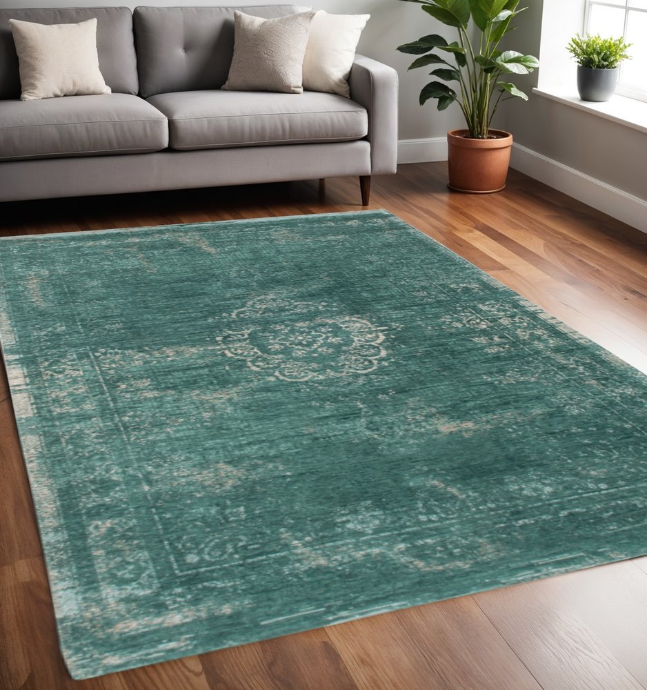 5' X 7' Gray and Green Medallion Non Skid Area Rug