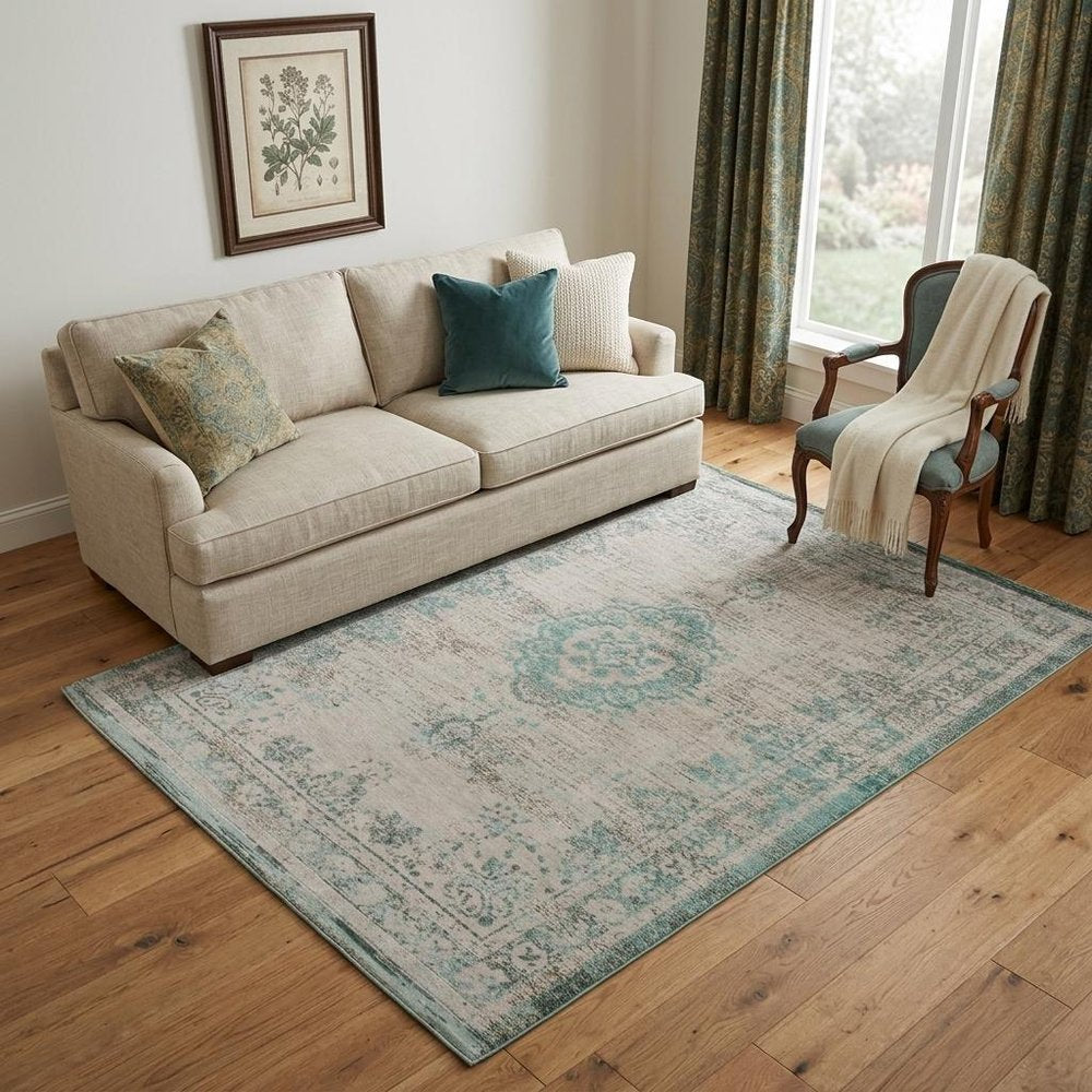 5' X 7' Gray and Green Medallion Non Skid Area Rug