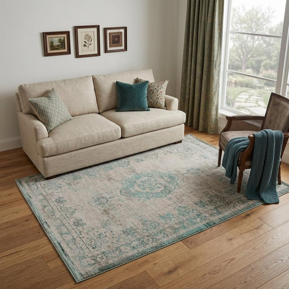 6' X 8' Gray and Green Medallion Non Skid Area Rug
