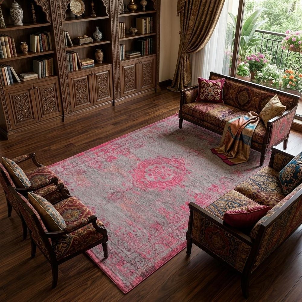 8' X 11' Gray and Pink Medallion Non Skid Area Rug