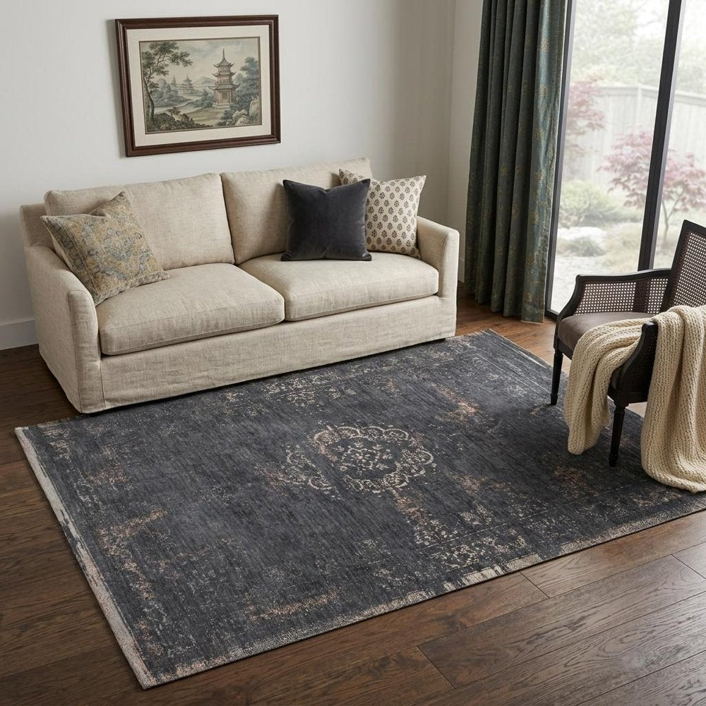 6' X 8' Gray and Black Medallion Non Skid Area Rug