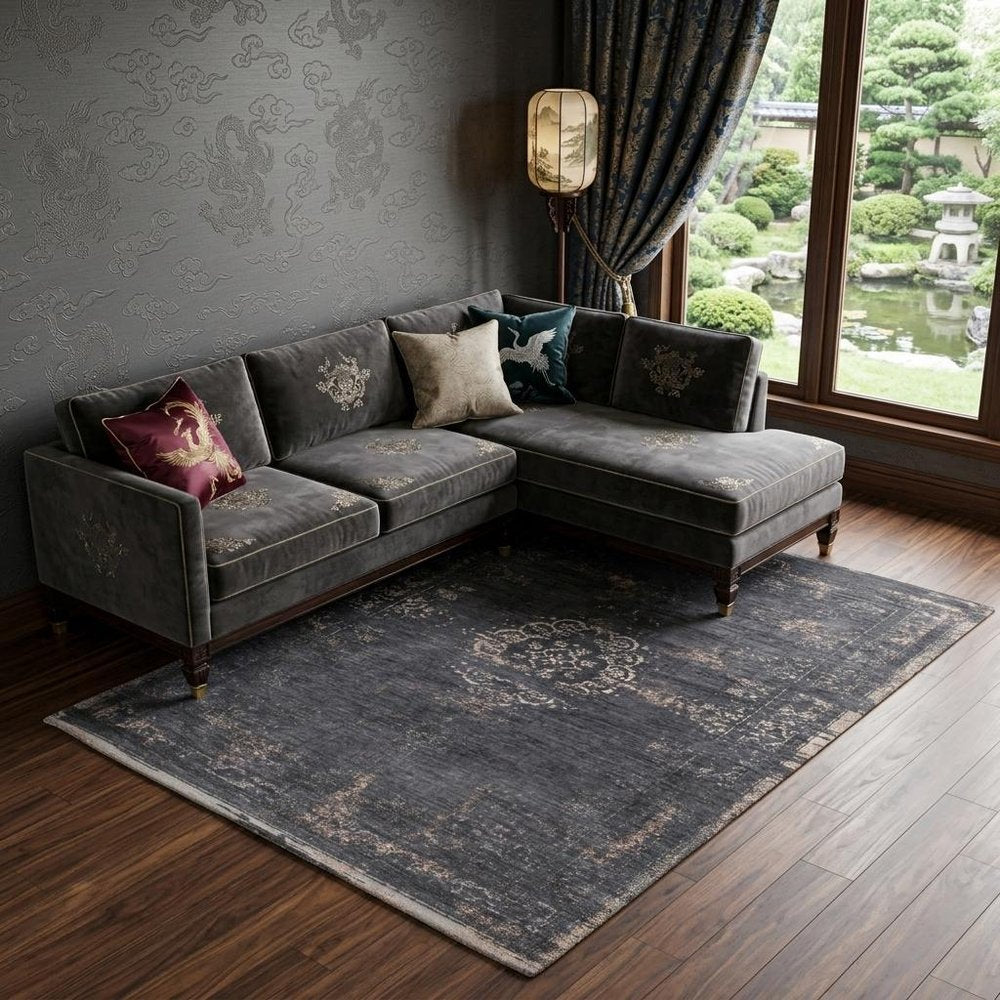 9' X 13' Gray and Black Medallion Non Skid Area Rug
