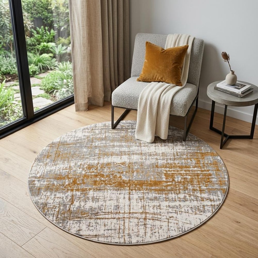 5' Gray and Gold Round Abstract Non Skid Area Rug
