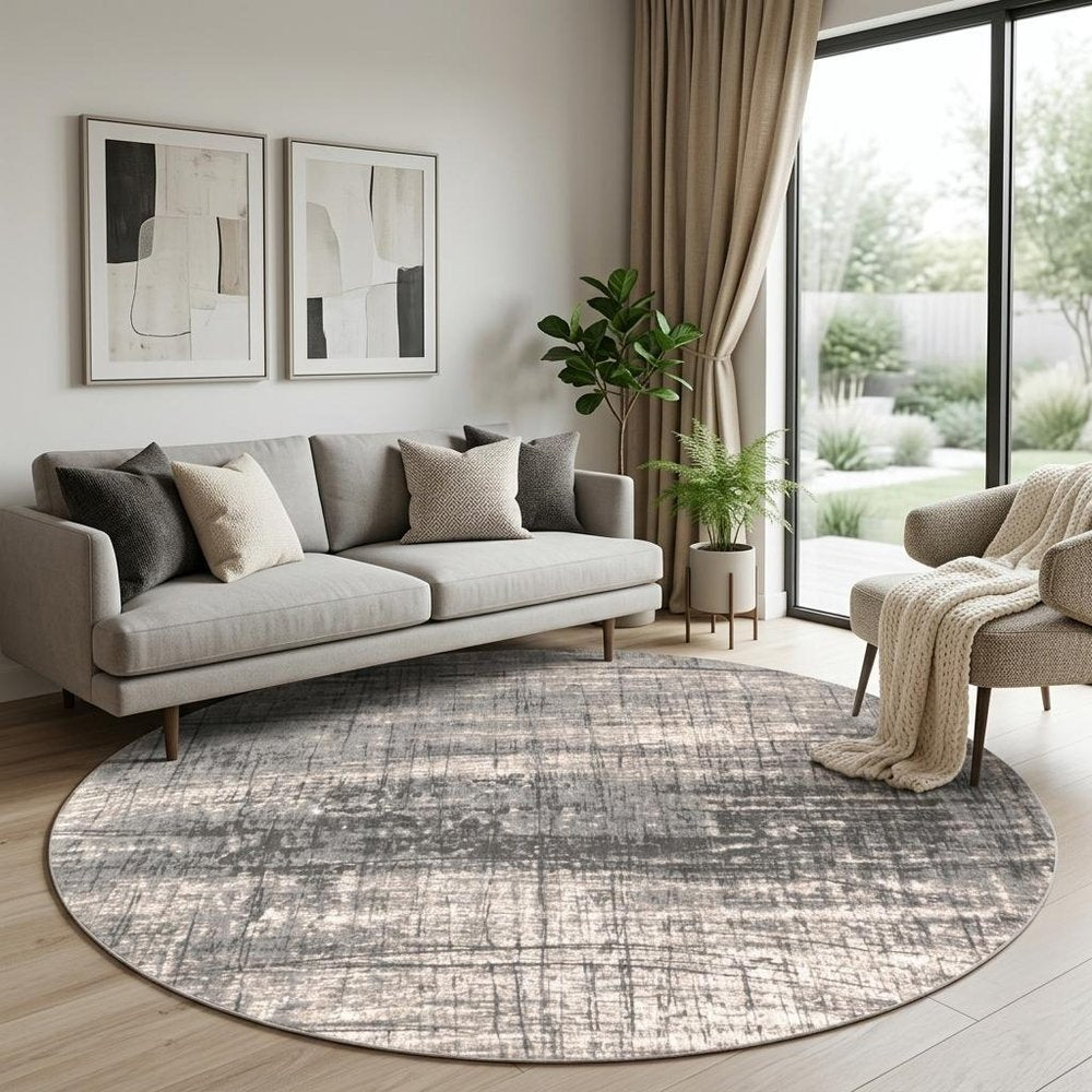 8' Gray and White Round Abstract Non Skid Area Rug