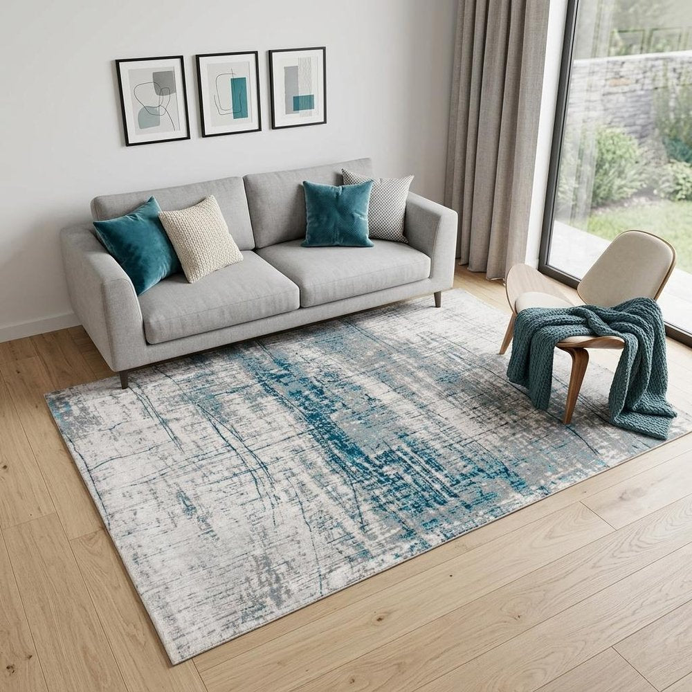 5' X 7' Blue and Gray Abstract Non Skid Area Rug