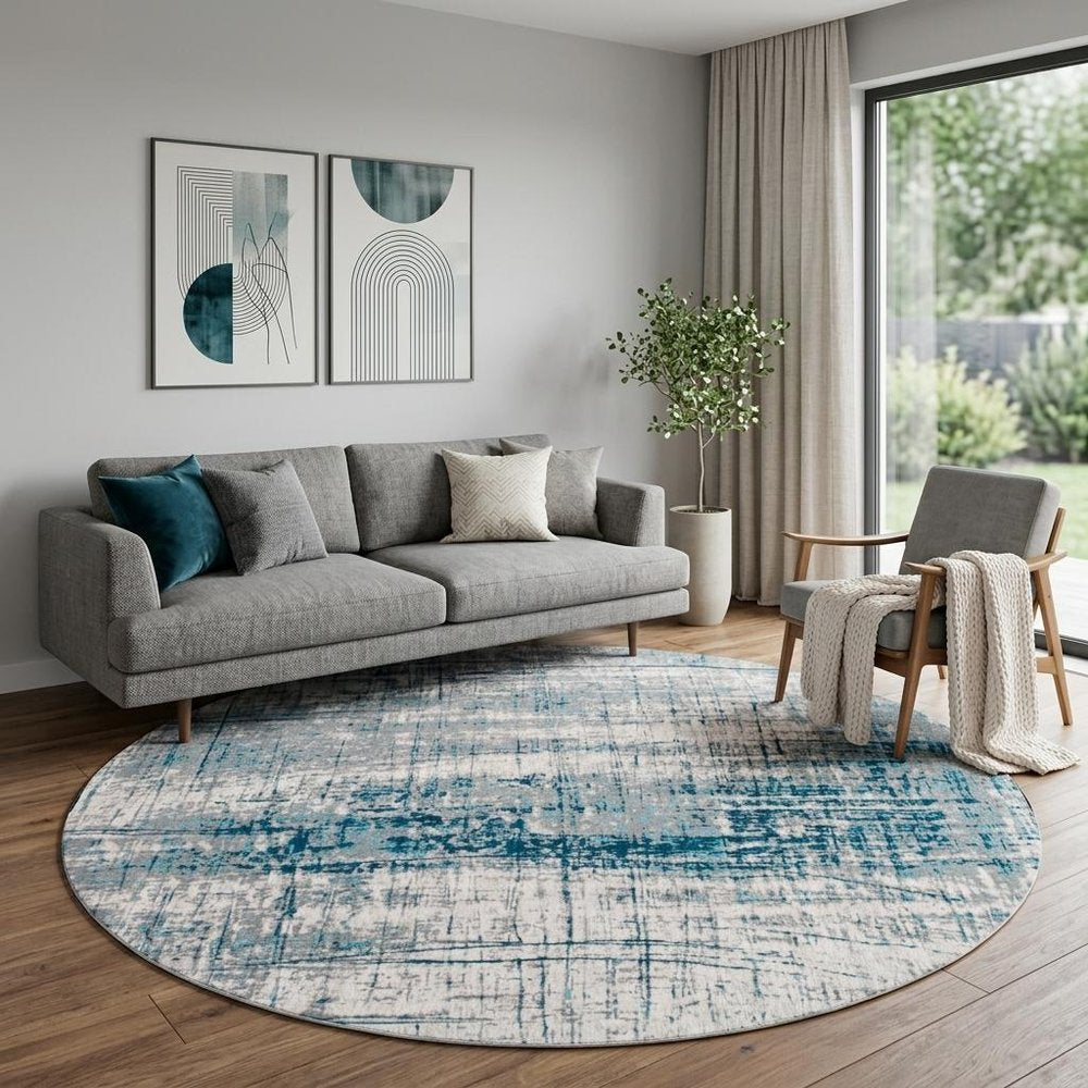 8' Blue and Gray Round Abstract Non Skid Area Rug