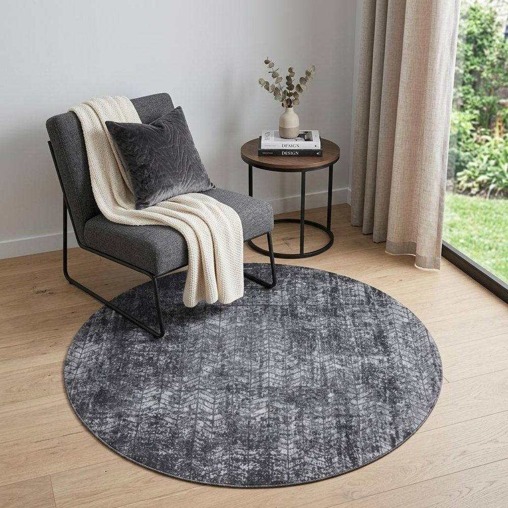 5' Black and Gray Round Chevron Non Skid Area Rug