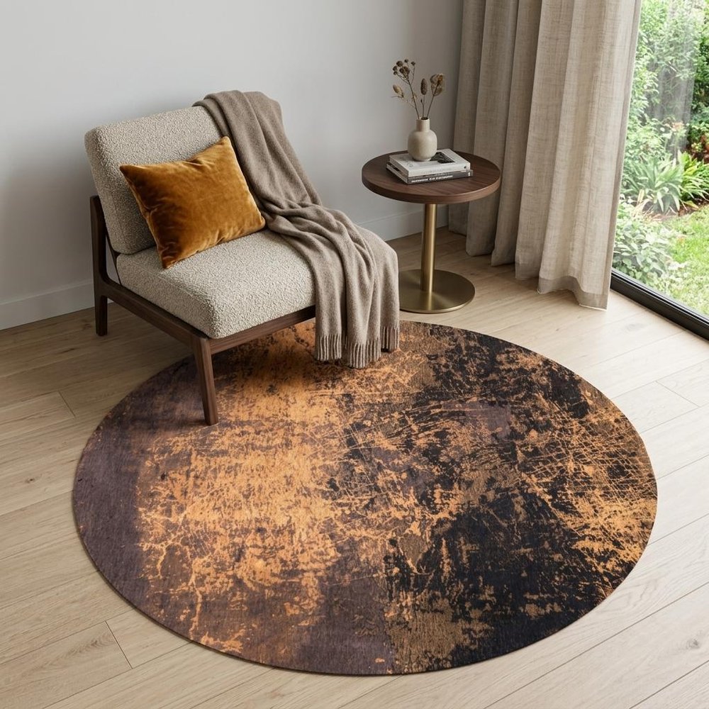 5' Yellow and Brown Round Abstract Non Skid Area Rug