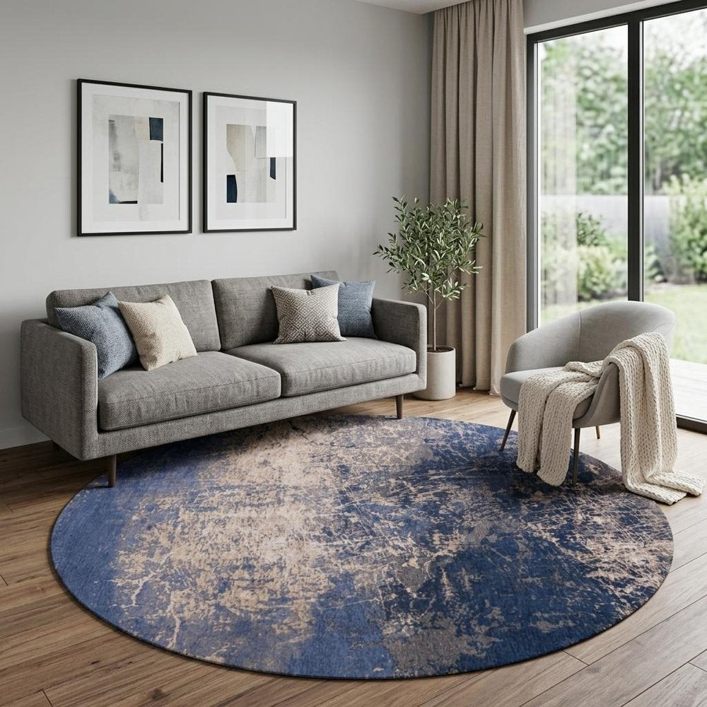 8' Blue and Gray Round Abstract Non Skid Area Rug