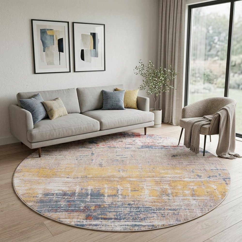 8' White Round Abstract Non Skid Area Rug