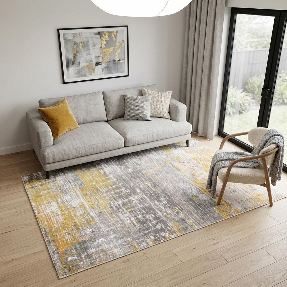 5' X 7' Gray and Yellow Abstract Non Skid Area Rug