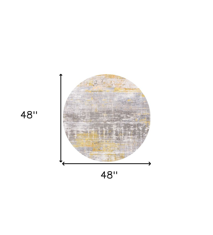 5' Gray and Yellow Round Abstract Non Skid Area Rug