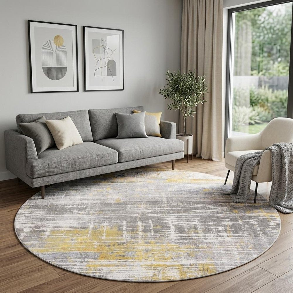 8' Gray and Yellow Round Abstract Non Skid Area Rug