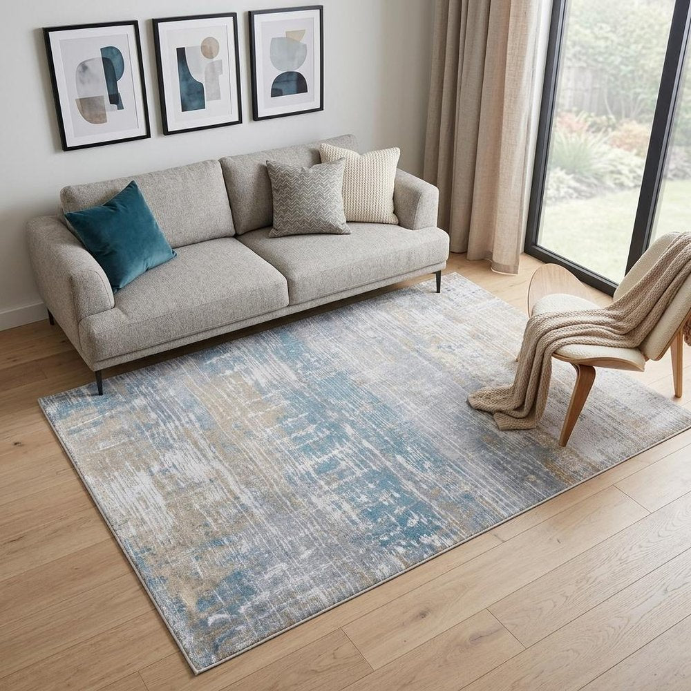 6' X 8' Blue and Yellow Abstract Non Skid Area Rug