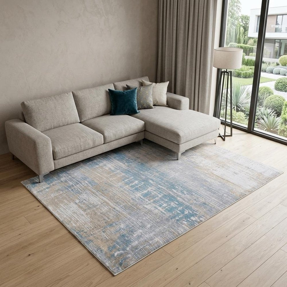 7' X 9' Blue and Yellow Abstract Non Skid Area Rug