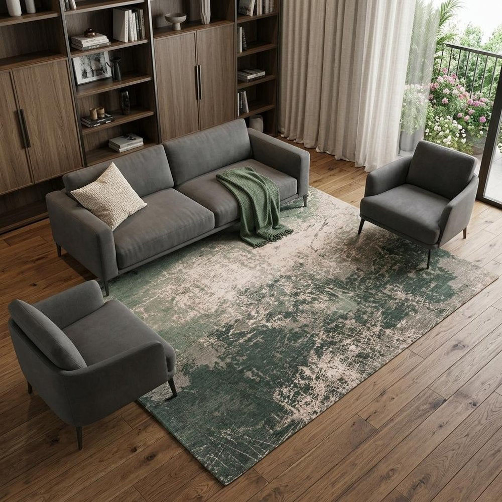 7' X 9' Beige and Green Abstract Non Skid Area Rug