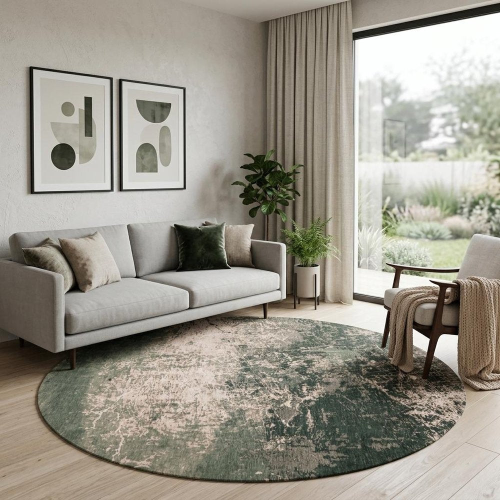 8' Beige and Green Round Abstract Non Skid Area Rug
