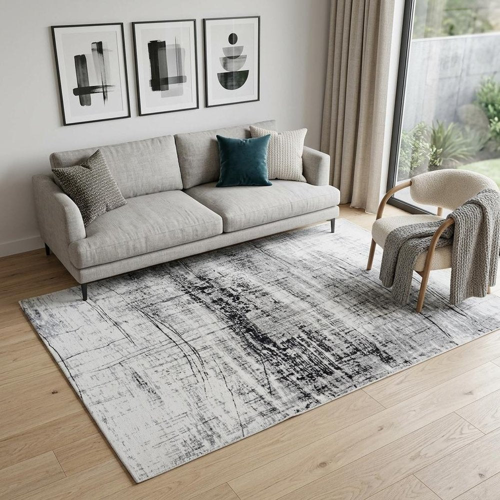 6' X 8' Black and White Abstract Non Skid Area Rug