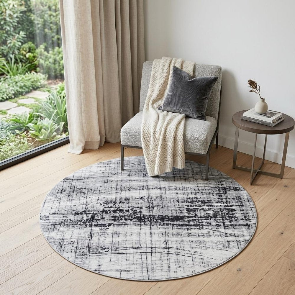 5' Black and White Round Abstract Non Skid Area Rug