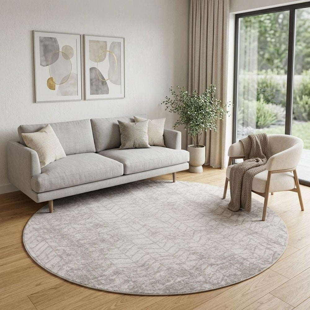 8' Gray and White Round Chevron Non Skid Area Rug